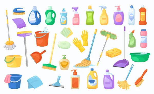 Zestaw narzędzi czyszczących detergenty, miotła i mop — Wektor stockowy