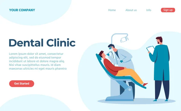 Clínica dental, tratamiento médico paciente en silla, página de aterrizaje — Vector de stock