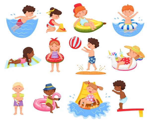 Kids swimming and spend time in pool, activity and leisure — Stock Vector