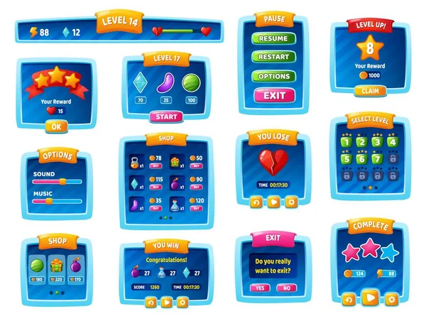 Casual spel meny och popup-fönster, tecknad spelapp ui element. Nivå val, paus, skyltfönster, mobila spel design tillgångar vektor set — Stock vektor