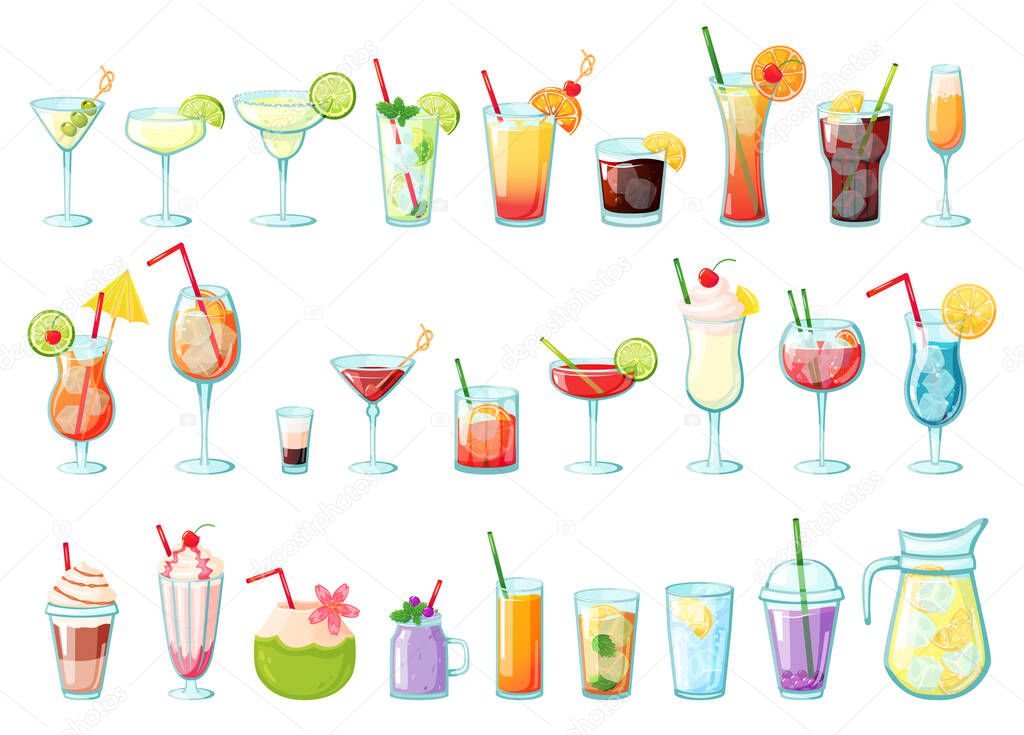 Alcohol drinks collection, colored cocktails with straw and umbrella