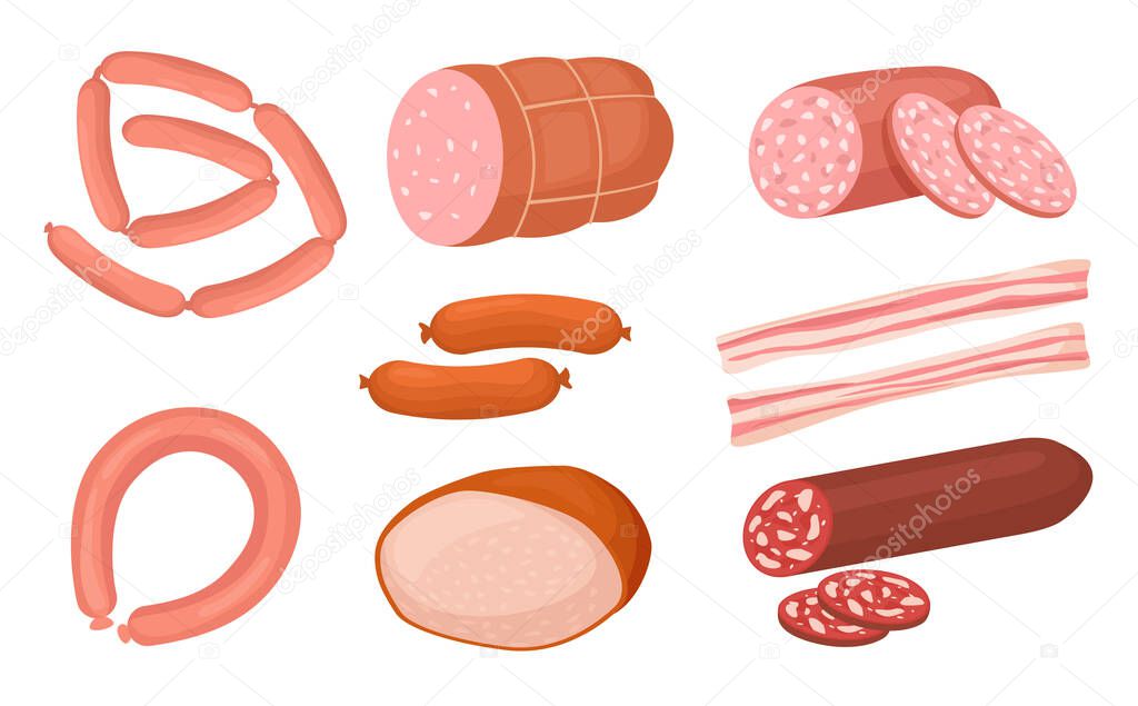 Cartoon meat products collection sausages and frankfurter