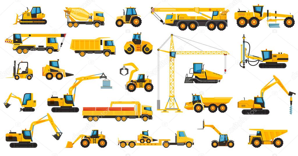 Set of construction machines crane bulldozer and excavator