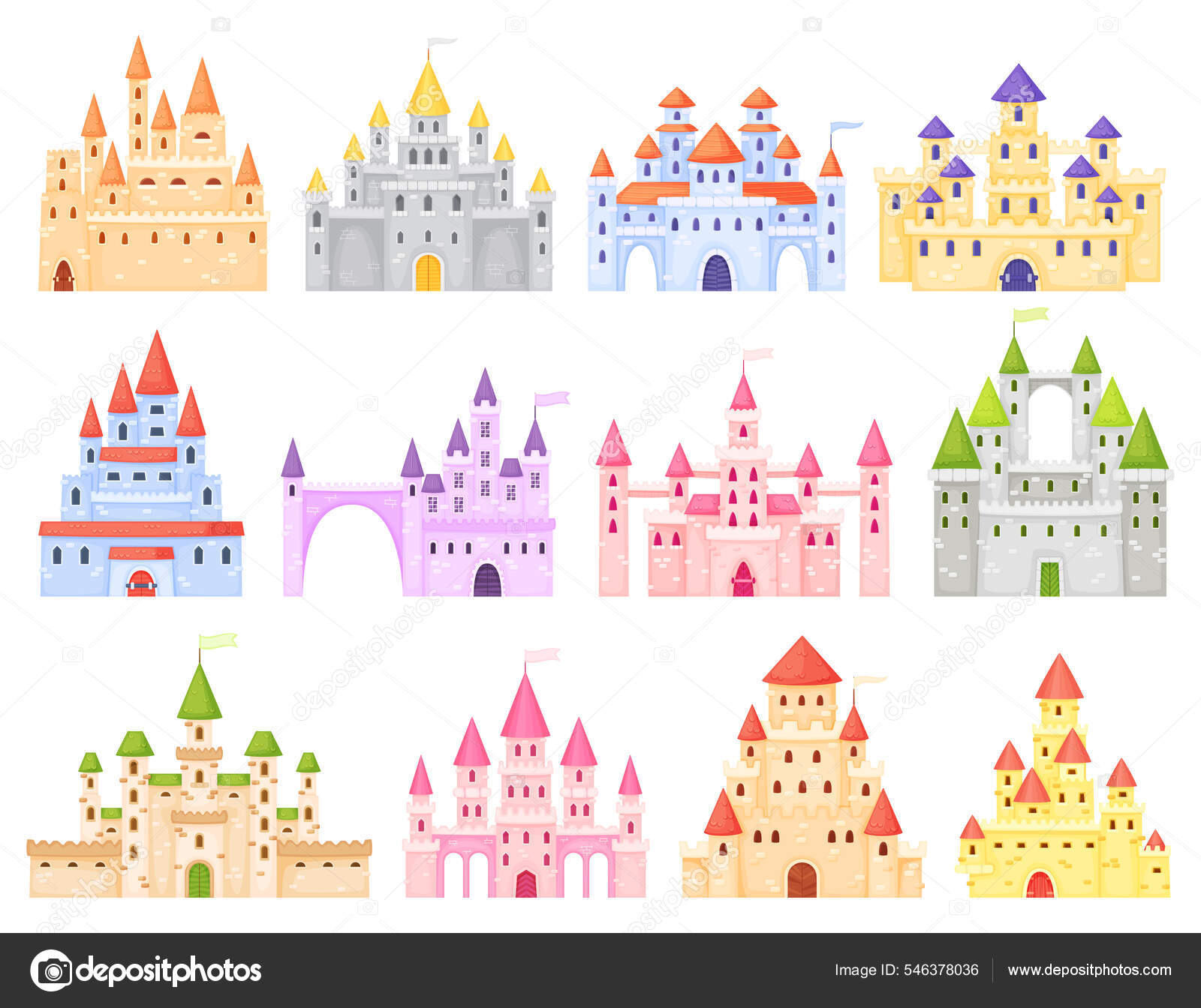 Fantasía de dibujos animados castillos medievales. Cuento de hadas reino  real con torres. Antigua construcción de sueños para el rey y la reina  Vector de stock #546378036 de ©vatruska, image size:1600x1344