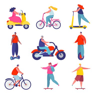 Kaykaylı, scooter 'lı ve bisikletli aktif karakterler. Uçan kaykay olarak farklı araçlardaki gençler