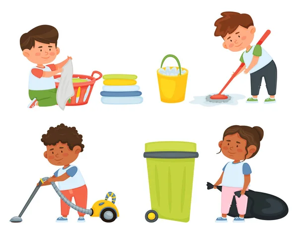 2201 S Bambini dei cartoni animati che fanno i lavori domestici — Vettoriale Stock