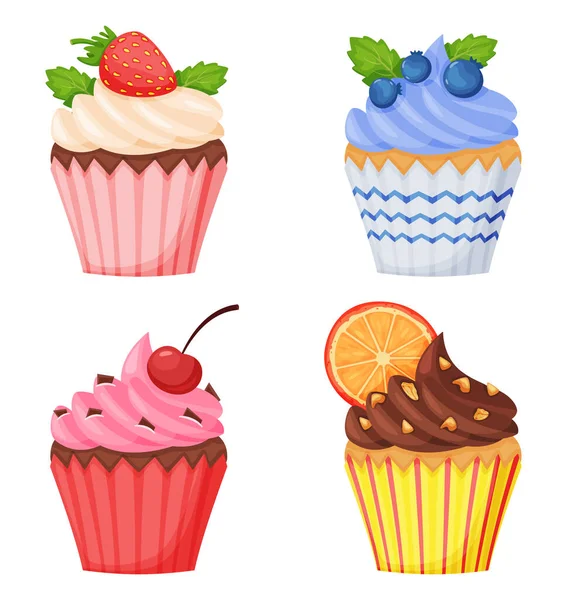Cartoon cupcakes met een andere smaak. Vanille en chocolade muffins met verschillende topping als aardbei, bosbes — Stockvector
