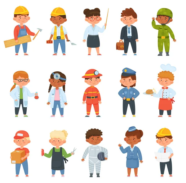Дети в профессиональной форме. Дети, выполняющие различную работу в качестве строителя, учителя, бизнесмена, врача и пожарного — стоковый вектор