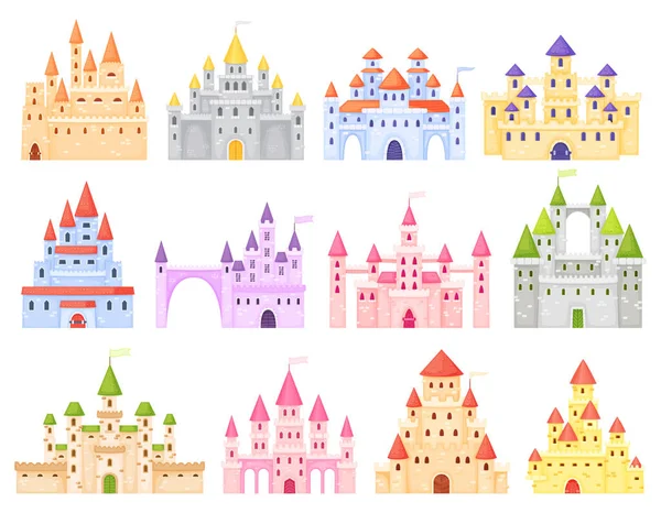 Fantasia desenhos animados castelos medievais. Conto de fadas reino real com torres. Edifício de sonho antigo para rei e rainha — Vetor de Stock