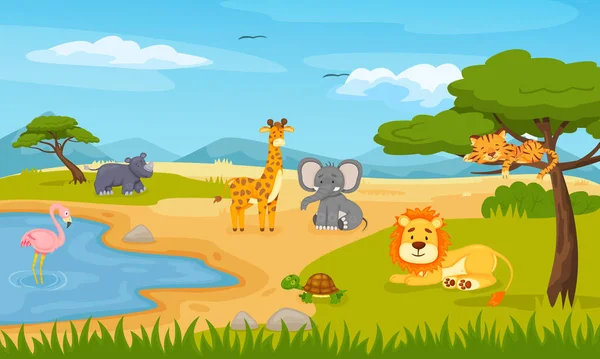 Cartoon wild animals in savannah. Outdoor environment, safari wildlife with pond for cute flamingo, giraffe, rhino — Stock Vector