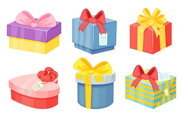Cartoon gift boxes. Birthday, christmas and wedding presents with ribbons. Holiday surprise, greeting boxes — Stock Vector