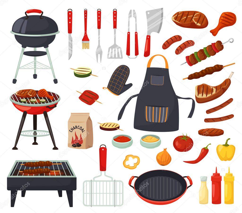 Cartoon barbecue equipment for picnic. Summer grill party elements, cooking tools and utensils. Grilled meat steaks