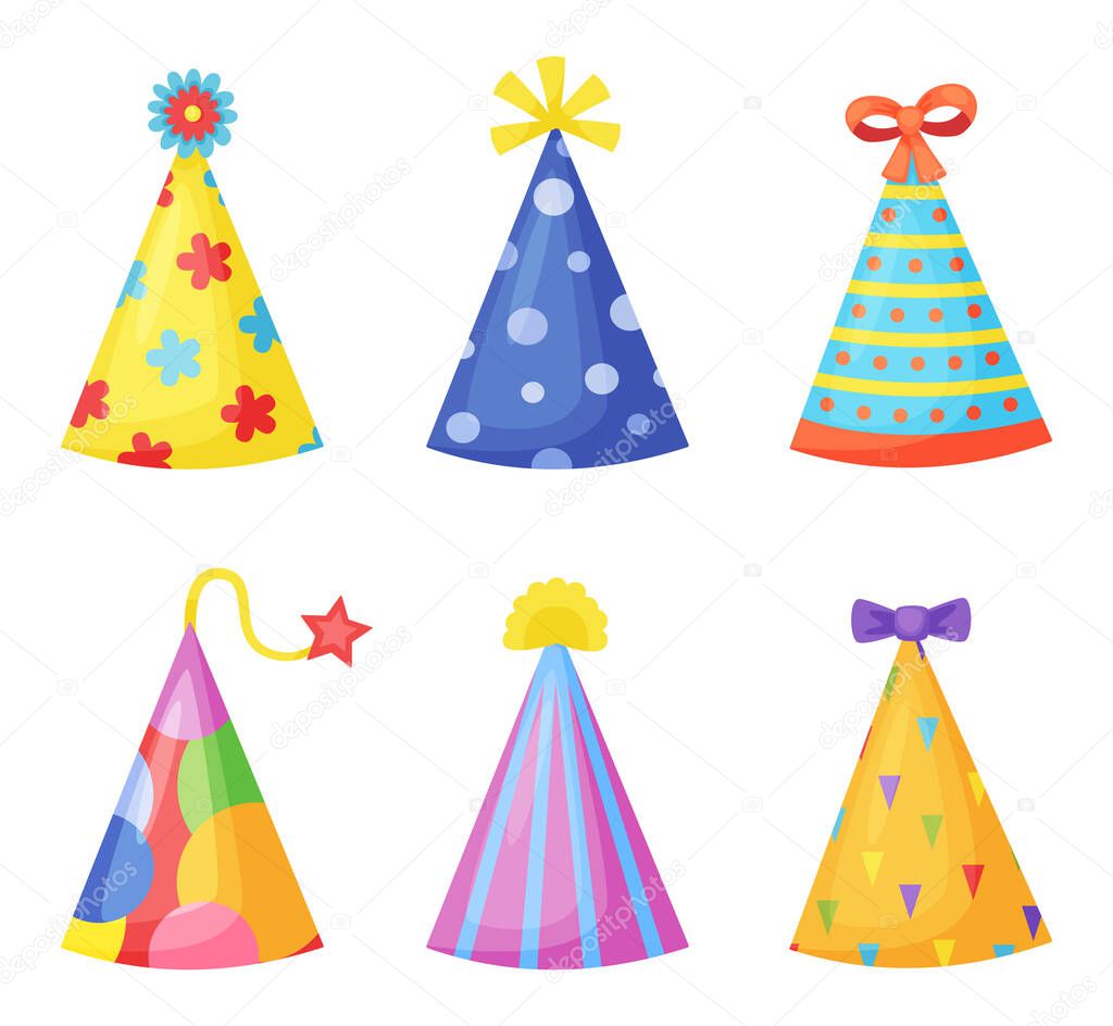 Colored hats for birthday party celebration. Decorative funny dressing for holiday or carnival. Festive caps