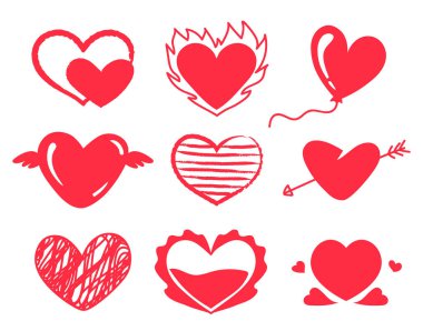 Sevimli kırmızı karalama kalpleri. Aşkın Sevgililer Günü sembolü. Ateşli, kanatlı, oklu ve balonlu romantik tatil kalpleri