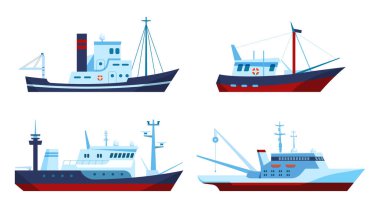 Balıkçı tekneleri. Balık ve ulaşım için ekipmanlı gemiler. Halatla su seyahati için araçlar