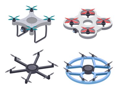 Isometric drone. Kameralı ve kameralı insansız hava araçları. Pervaneli uzak kuadkopter uçuyor