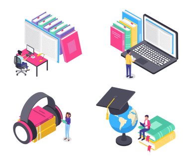 Isometric çevrimiçi eğitim. Elektronik kütüphanede okuyan öğrenciler, bilgisayarlar ve dizüstü bilgisayarlar üzerine kitaplar okuyan öğrenciler