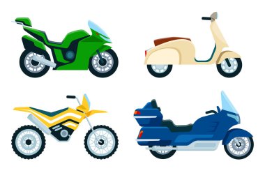 Çizgi film motosikletleri. Ulaşım ve teslimat için sokak araçları. Scooter, spor ve yol motorları, retro helikopter.