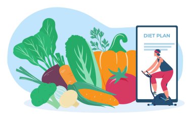 Online diyet planı. Bisiklet üzerinde egzersiz yapan kadın karakter. Kilolu kadın sağlıklı besleniyor, taze sebzeler yiyor.