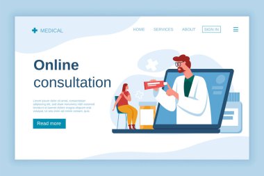 Çevrimiçi doktor danışmanlığı. Omzundaki ağrıdan şikayetçi bir kadın. Laptoptan tedavi öneren bir terapist.