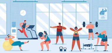 Spor salonunda insanlar egzersiz yapar. Kadın ve erkek karakterler ekipman eğitimi alıyor. Koşu bandında koşan adamlar
