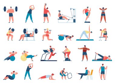 İnsanlar spor salonunda egzersiz yapar. Sağlıklı bir hayat süren kadın ve erkek karakterler. Erkekler halterli, kilolu.