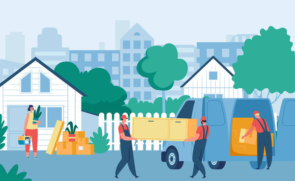 Работники доставки с мебелью на дом. Женщина переезжает в новый дом, переезжает. Перевозчики