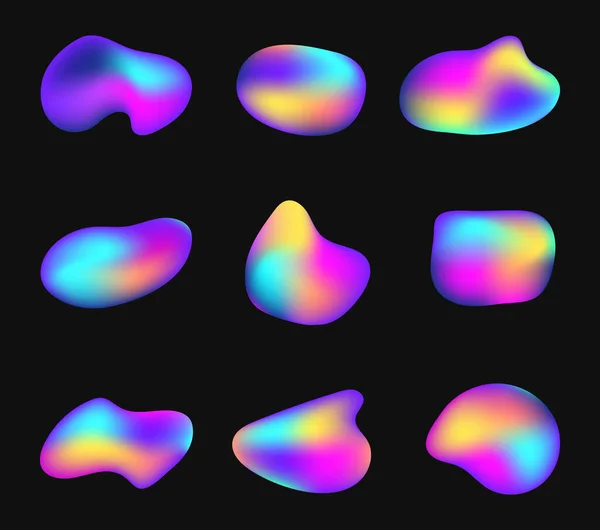 Formas holográficas ou iridescentes de fluidos. Gradiente elementos de néon de várias formas. Bolhas coloridas do arco-íris, líquido brilhante abstrato — Vetor de Stock