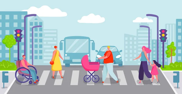 Group of people crossing city road. Characters going on crosswalk. Man walking with baby in pram. Person moving on wheelchair — Stock Vector