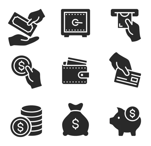 Geld en financiën icoon. Wisselkantoor, betaling en winst silhouet symbolen. Hand geven van geld bankbiljet — Stockvector
