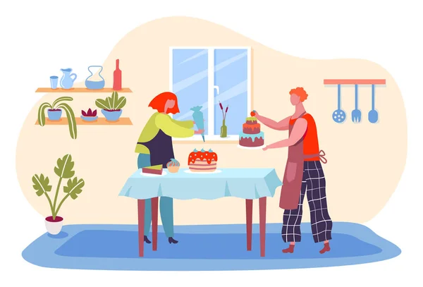 Gente cocinando pastel para la celebración del cumpleaños. Mujer decorando postre con glaseado. Dulces caseros deliciosos — Archivo Imágenes Vectoriales