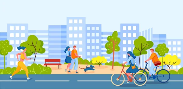 People walking in city park. Characters riding bicycles on cycle lanes. Woman running or jogging in sport clothing — Stock Vector