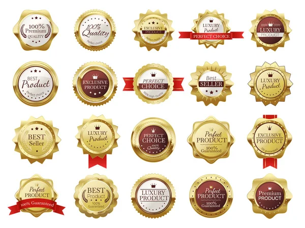 Emblemas de calidad premium. Etiqueta exclusiva de sello de producto de lujo para tienda minorista. Best seller medalla de oro — Vector de stock