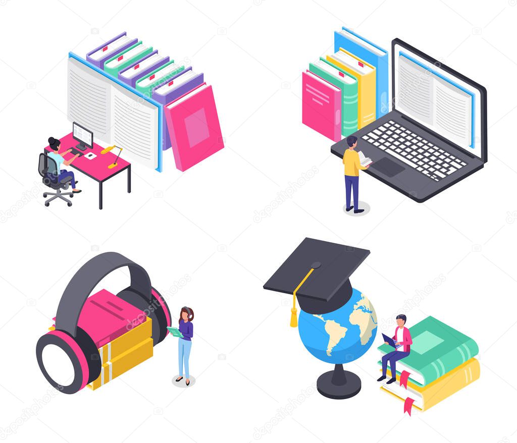 Isometric online education. Students studying at electronic library, reading books on computers and laptop