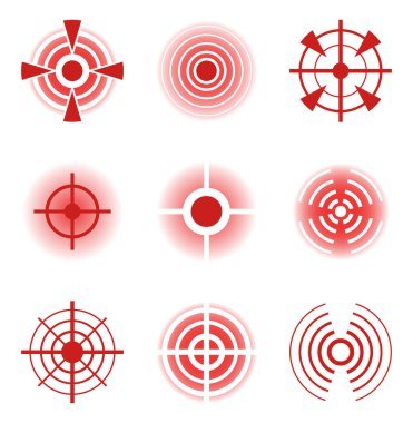 Kırmızı acı çemberi ikonu, tıbbi tedavi için acı verici bölge işareti. Yaralanma için ilaç, kas ağrısı. Vücut iltihabı belirtisi