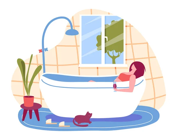 Mujer de dibujos animados tomando un baño. Joven personaje femenino disfrutando del tiempo libre, bebiendo cóctel. Tratamiento de belleza — Vector de stock