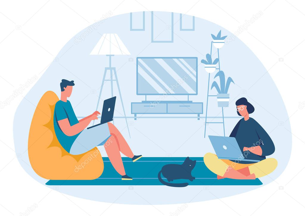 Work home freelance. Young man and woman working on laptop. Man sitting in chair in living room. Comfortable lifestyle
