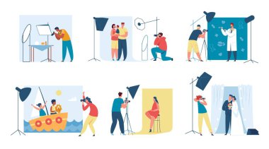 Model, aile ve çocukların fotoğraflarını çeken bir fotoğrafçı. Fotoğraf stüdyosunda ışıklandırma ekipmanı vektörü olan profesyonel fotoğrafçılar.