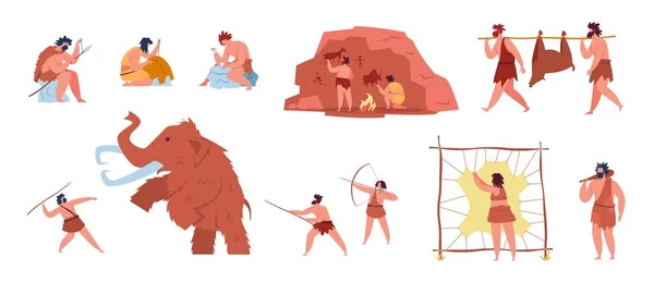 Život primitivních lidí, prehistorické postavy lovící mamuty. Pračlověk vyrábějící nástroje a jeskynní umění, lovci kamenných dob se zbraňovým vektorem — Stockový vektor