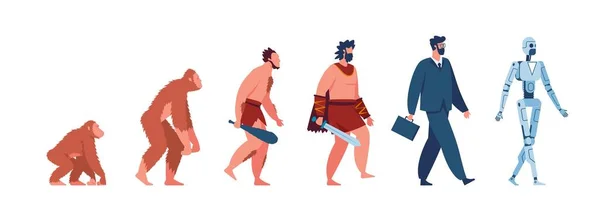 人間の進化、猿、洞窟人、ビジネスマン、サイボーグ。古代の猿から現代の男とロボットベクトルの概念に進化する男性の文字 — ストックベクタ