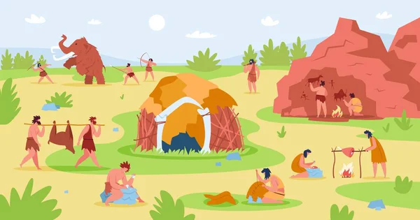 Primitive people life scene, stone age characters lifestyle. Prehistoric men hunting mammoth, caveman cooking food vector illustration — Stock Vector