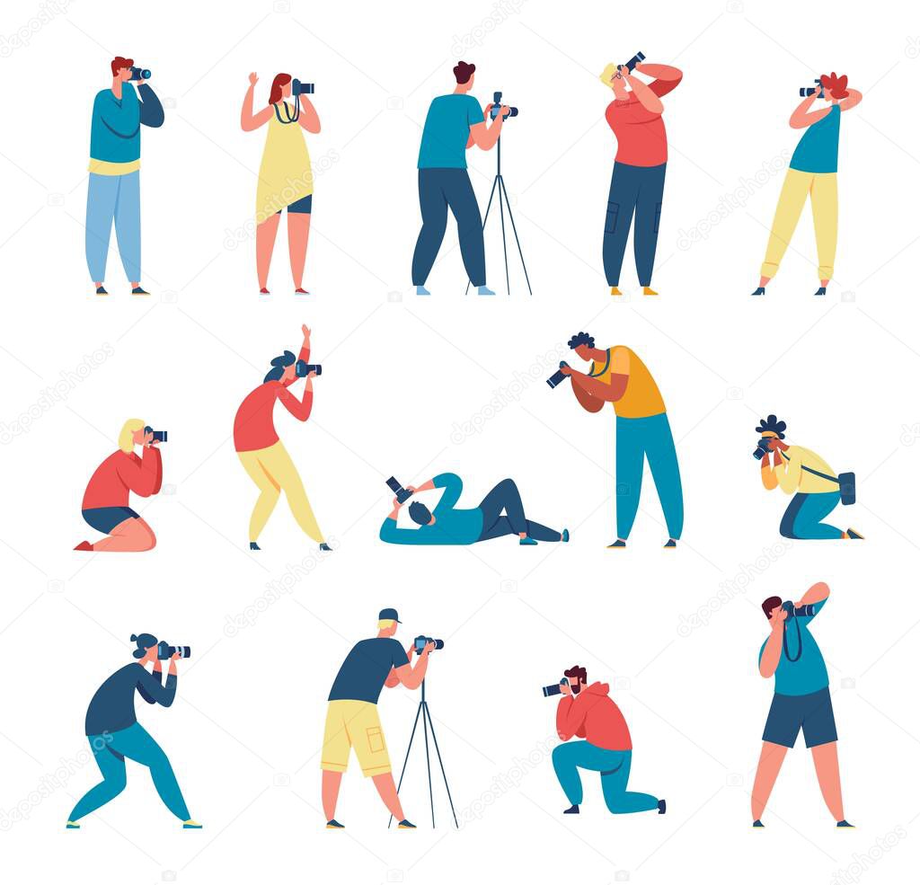 Professional photographers taking pictures with camera, journalists. Photographer character shooting photo, cameraman or paparazzi vector set