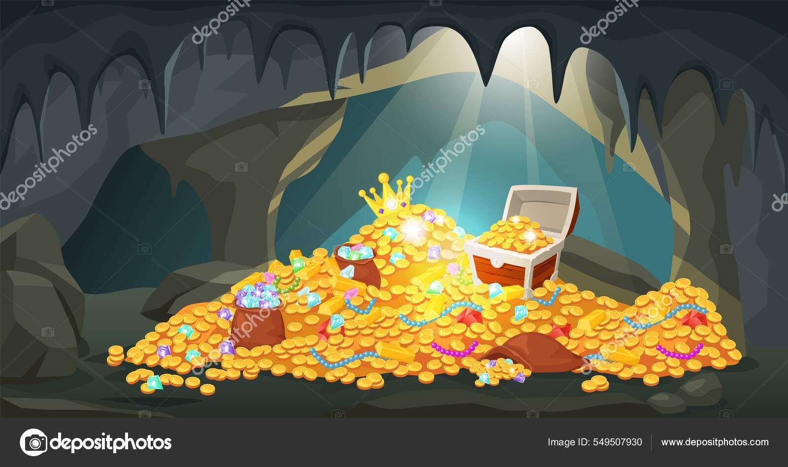 コイン、金の棒、宝石や宝石の山と漫画の宝洞窟。海賊の宝物や宝石のベクトルのイラストと隠された古代の鉱山 ストックベクター ©vatruska  549507930