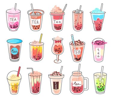 Köpüklü sütlü çay karalamaları, tapyoka incileriyle soğuk boba içecekleri. Tayvan tatlı inci çay içeceği, buzlu yaz milkshake ve içecek vektörü seti