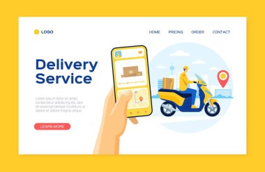 Çevrimiçi dağıtım servisi iniş sayfası şablonu, scooter 'da kurye. Gıda siparişi izleme uygulaması, paket vektör web sitesi konsepti olan teslimatçılar