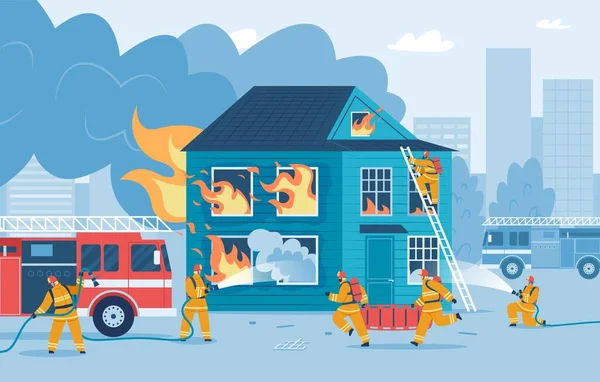 นักดับเพลิงเอาไฟออกจากบ้าน นักดับเพลิงพยายามดับไฟ นักดับเพลิงในเครื่องแบบใช้ท่อดับเพลิง, การเผาไหม้ภาพเวกเตอร์อาคาร — ภาพเวกเตอร์สต็อก