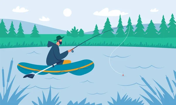 Pescador captura de peixe com vara de pesca no lago ou rio. Fisher com haste no barco, verão atividade de lazer ao ar livre vetor conjunto ilustração —  Vetores de Stock