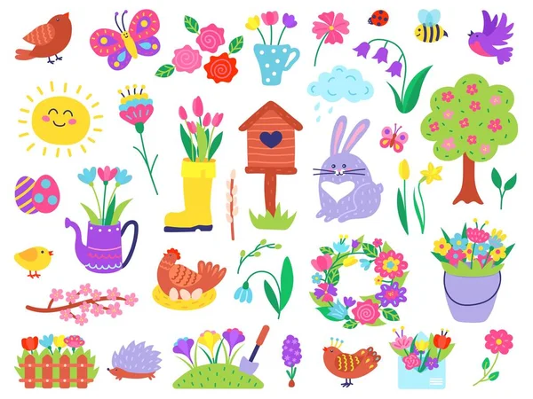 Niedliche Frühlingsgekritzel, handgezeichnete Oster- und Frühlingselemente. Blütenblumen, Vögel, Kaninchen, Huhn, Blumengarten Doodle-Vektor-Set — Stockvektor