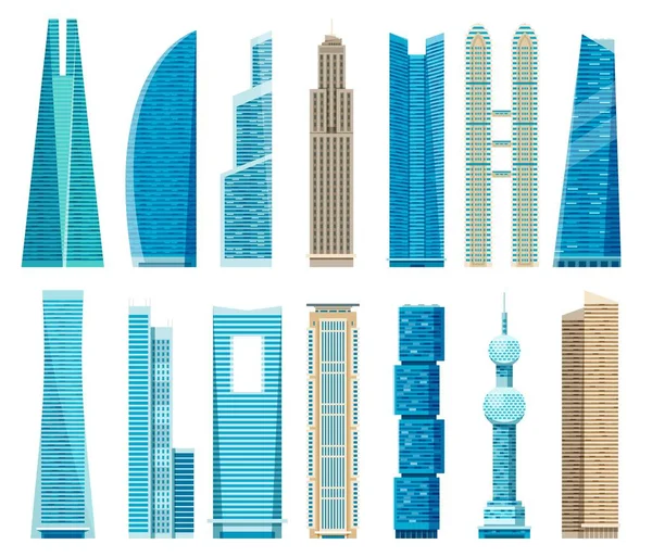 Skyscrapers, modern skyscraper towers, city business office buildings. Downtown glass architecture, urban building facade vector set — Stock Vector