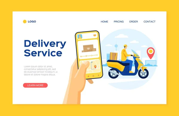 Online delivery service landing page template, courier on scooter. Food order tracking app, delivery men with package vector website concept — Stock Vector